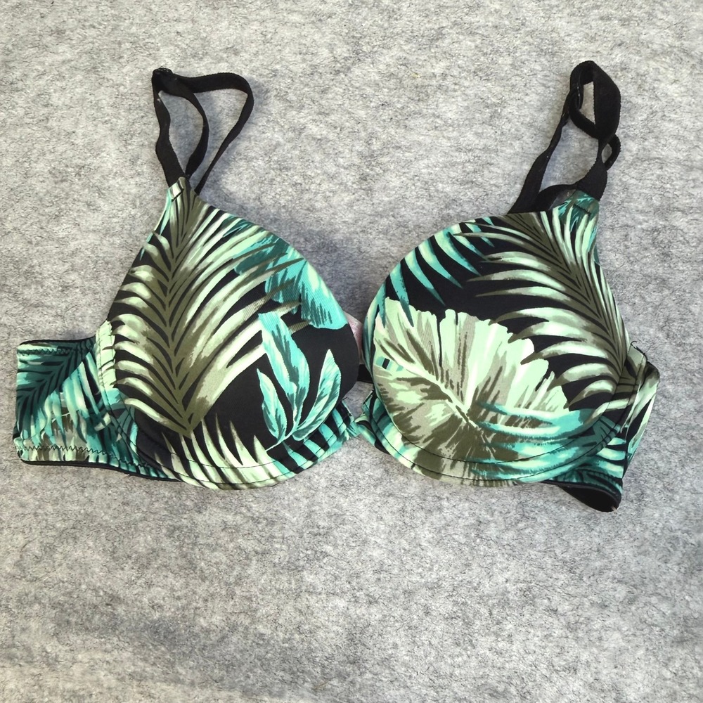 Vintage PINK Victoria's Secret Tropical Palm Print Push-Up Bra Green Black 32A